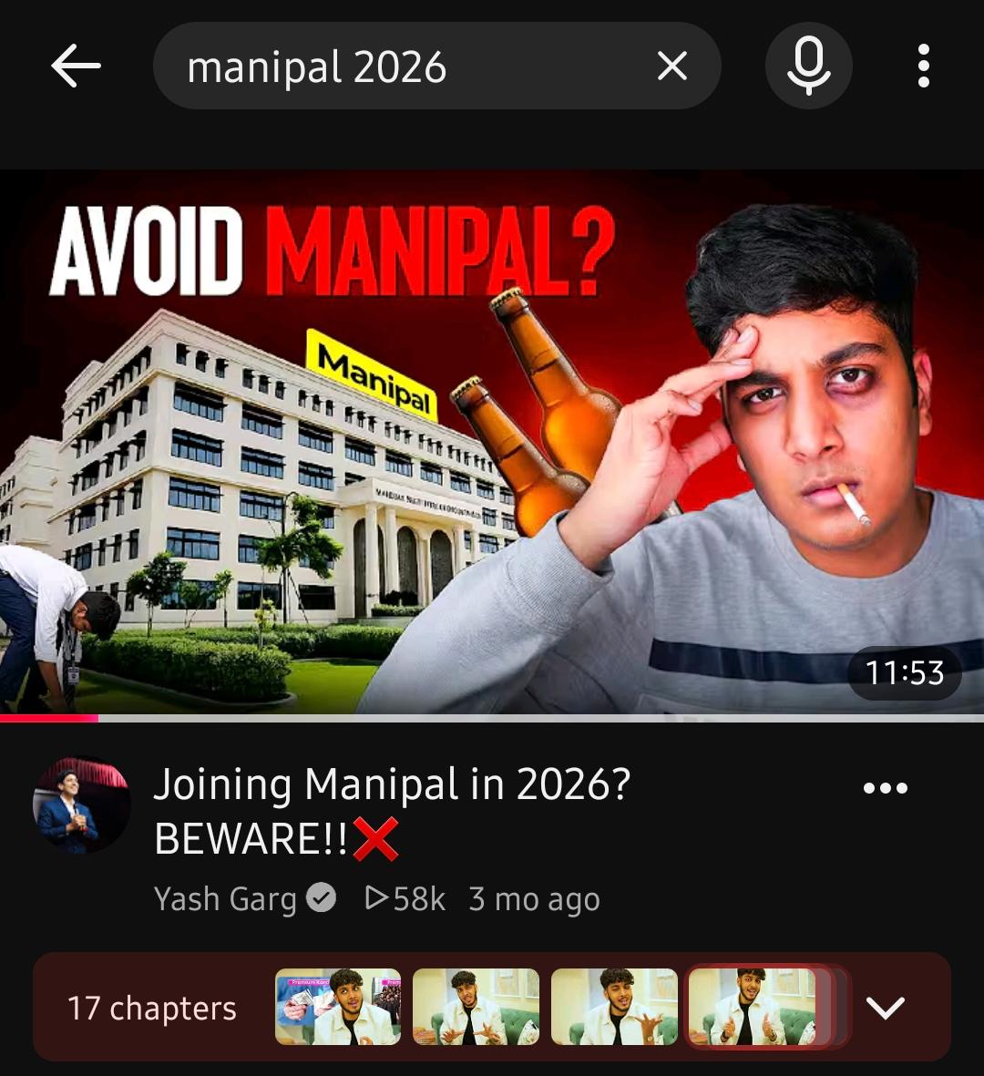 YouTube search for manipal 2026 showing Joining Manipal in 2026? BEWARE!! by Yash Garg at 58K views